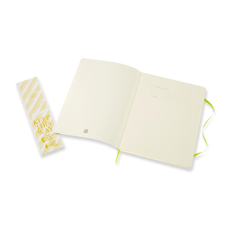 Vibrant lemon green Moleskine XL ruled notebook with elastic closure, ribbon bookmark, and expandable back pocket for creativity.