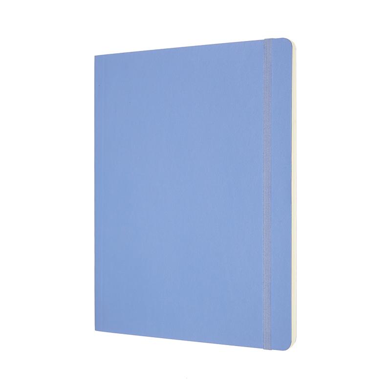 Elegant Hydrangea Blue soft cover Moleskine XL notebook with elastic closure, bookmark ribbon, and expandable back pocket for notes.