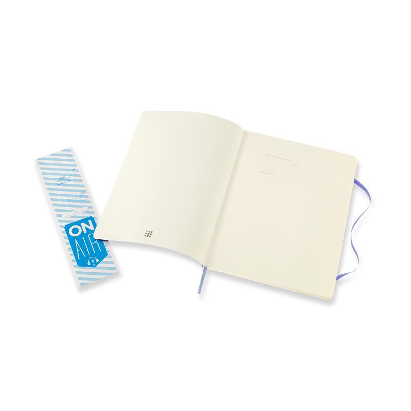 Moleskine XL Notebook in Hydrangea Blue Soft, featuring elastic closure, soft touch, and high-quality ivory pages for creativity.