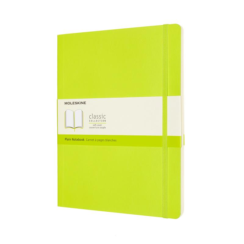 Moleskine XL plain lemon green notebook with soft cover, featuring ivory pages, elastic closure, and expandable back pocket.