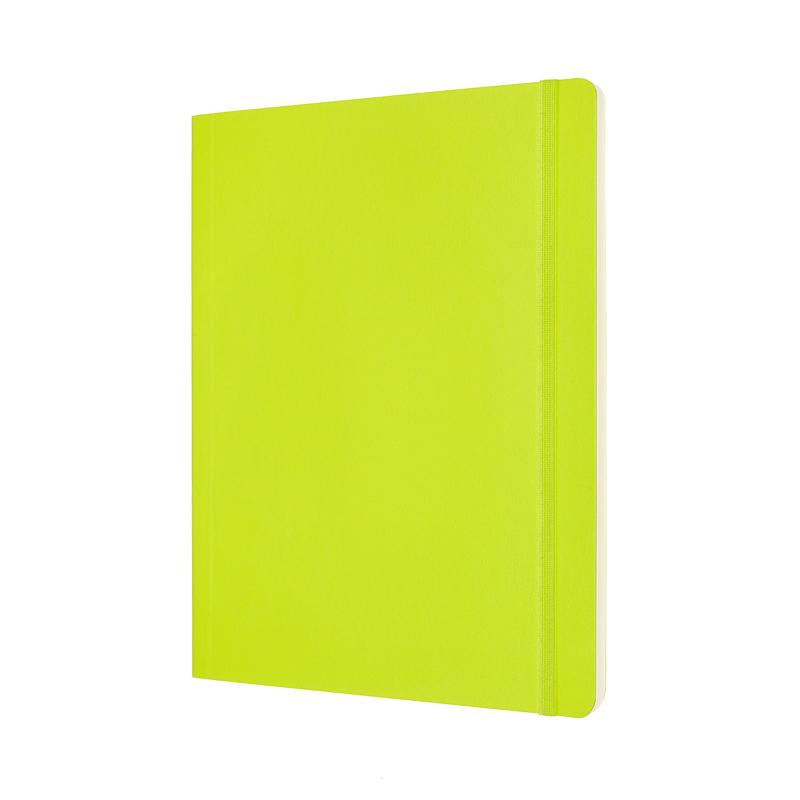 Moleskine XL notebook in lemon green, featuring plain ivory pages, elastic closure, and expandable pocket for organized creativity.