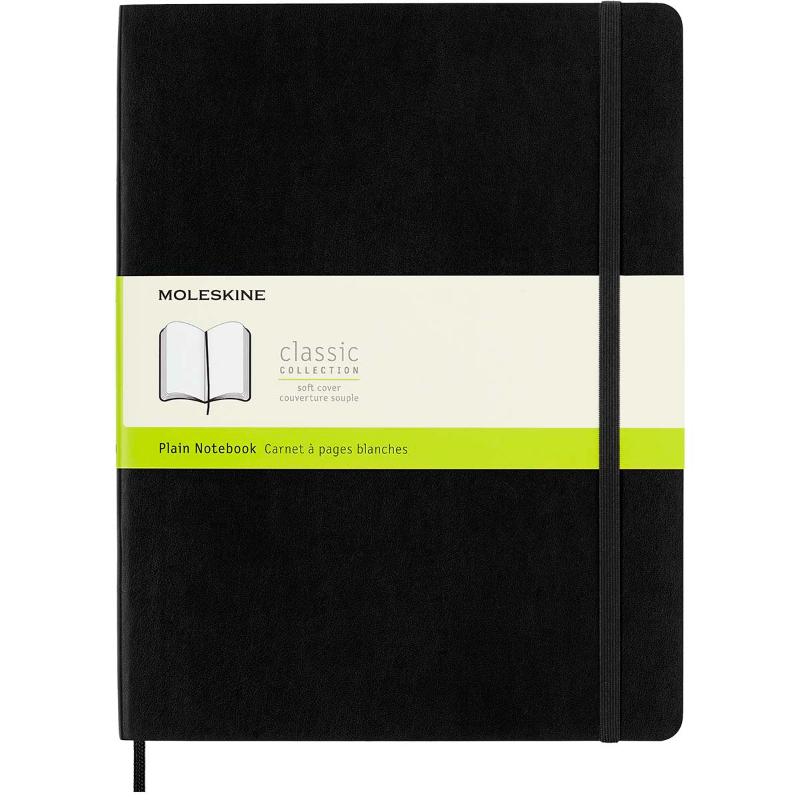Moleskine XL black notebook with soft cover, 240 plain ivory pages, elastic closure, bookmark, and expandable pocket.