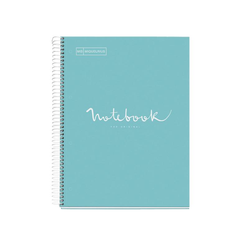 Sky Blue A5 ruled Miquelrius Notebook with 120 micro-perforated leaves and 5 color bands for organizing notes efficiently.