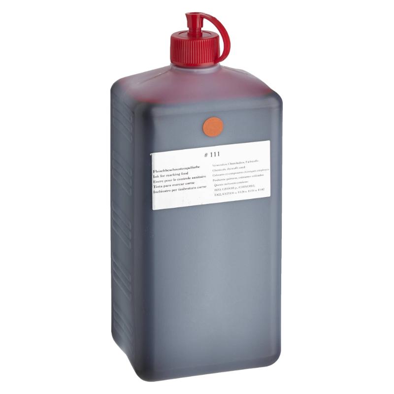 Bottle of Noris #111 red meat inspection ink, 1 litre, water-based, designed for hand stamping and food safety compliance.