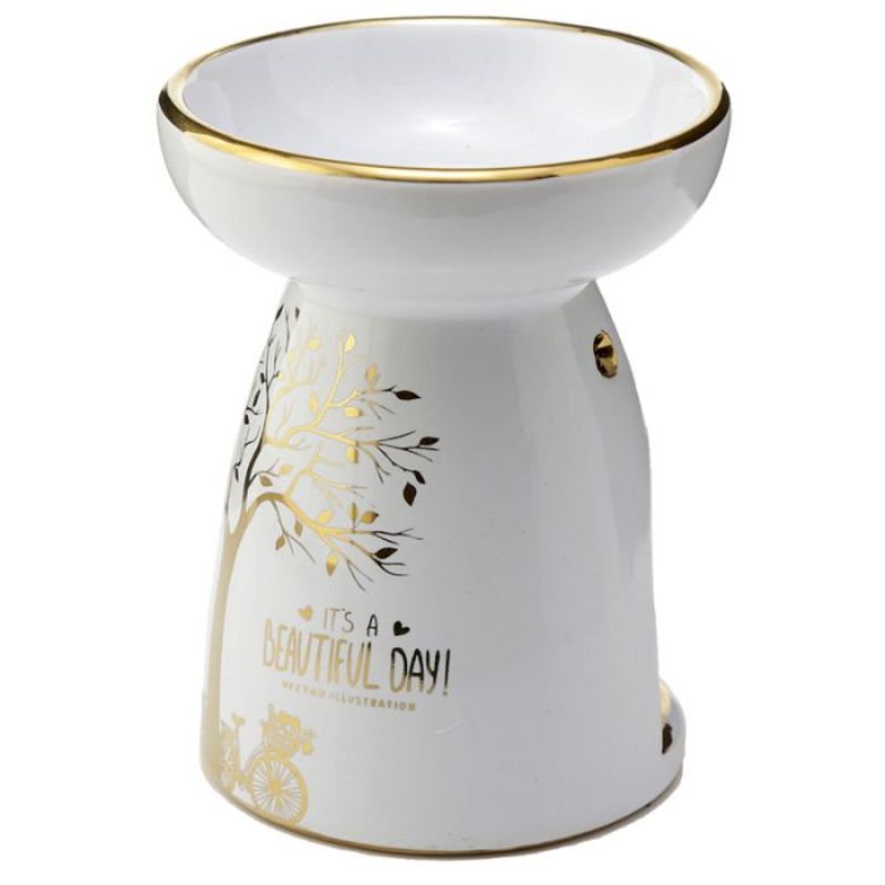 Set of 2 ceramic oil and wax burners in metallic gold, featuring a tree design for a stylish and aromatic home ambiance.
