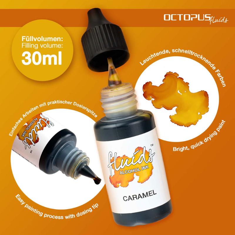 Octopus Fluids Alcohol Ink in Caramel Brown, 30ml, for vibrant fluid painting on non-porous surfaces with a stunning transparent finish.