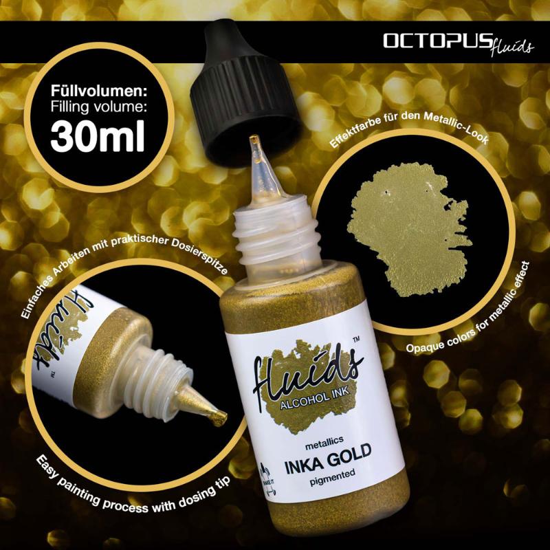 Octopus Fluids Alcohol Ink Inka Gold Metallic in 30ml, showcasing vibrant metallic effects ideal for fluid art on non-porous surfaces.