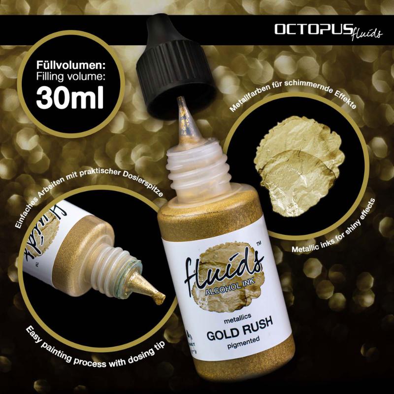 Octopus Fluids Gold Rush Metallic alcohol ink in 30ml, perfect for vibrant, transparent fluid painting on various surfaces.