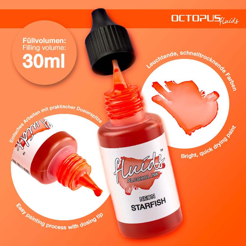 Vibrant Octopus Fluids Alcohol Ink in Starfish Orange, perfect for fluid painting on smooth surfaces, 30ml bottle.