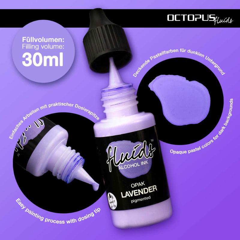 Octopus Fluids OPAK Lavendar Violet 30ml alcohol ink, ideal for dark surfaces, offers vibrant, opaque color for creative projects.