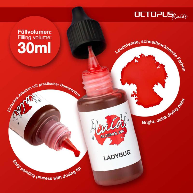 Vibrant 30ml Ladybug Red alcohol ink for fluid painting on various surfaces, ensuring bold, smudge-free art creations.