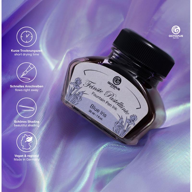 Octopus Fluids Pastel Blue Iris ink bottle, 30ml, delivering vibrant, quick-drying color for seamless fountain pen writing.