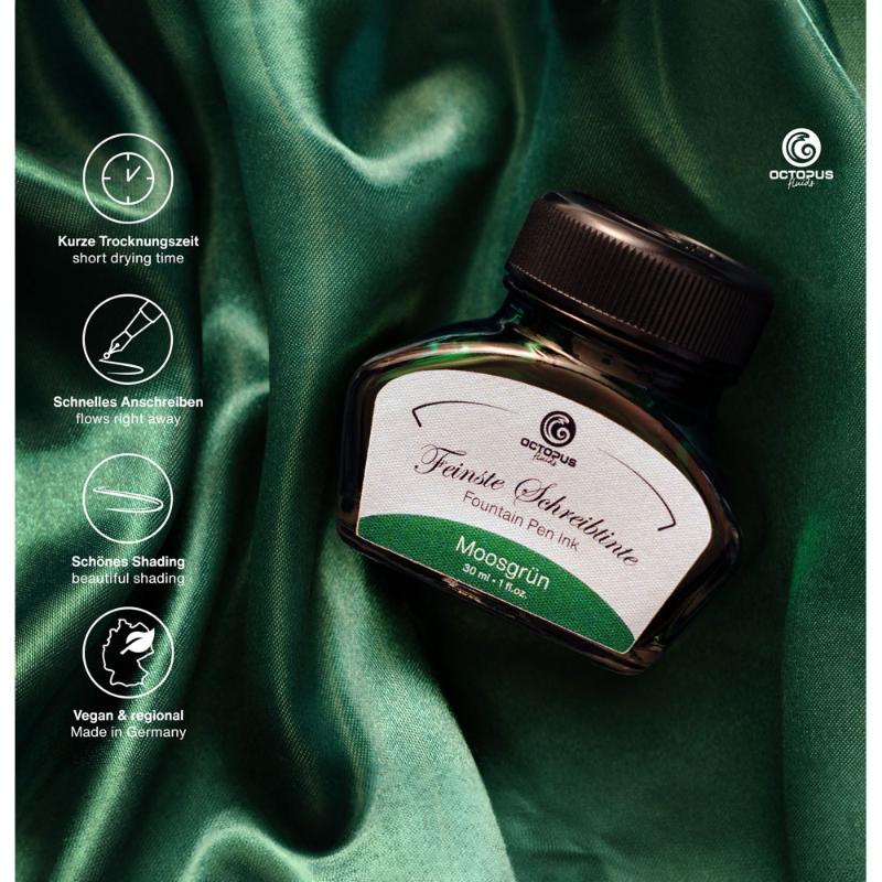 Moss green fountain pen ink in a 30ml bottle, offering smooth flow and rapid drying for clean, precise writing and art.