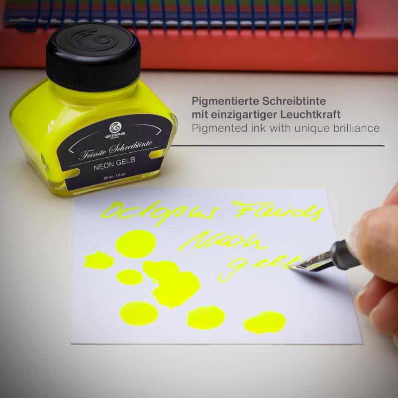 Vibrant 30ml Octopus Fluids Highlighter Ink in Fluorescent Neon Yellow, perfect for highlighting and creative projects.