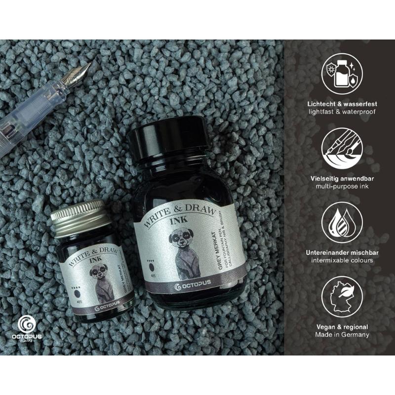 Premium 50ml Grey Merkat ink for fountain pens, smudge-proof and waterproof, ideal for artists and writers.