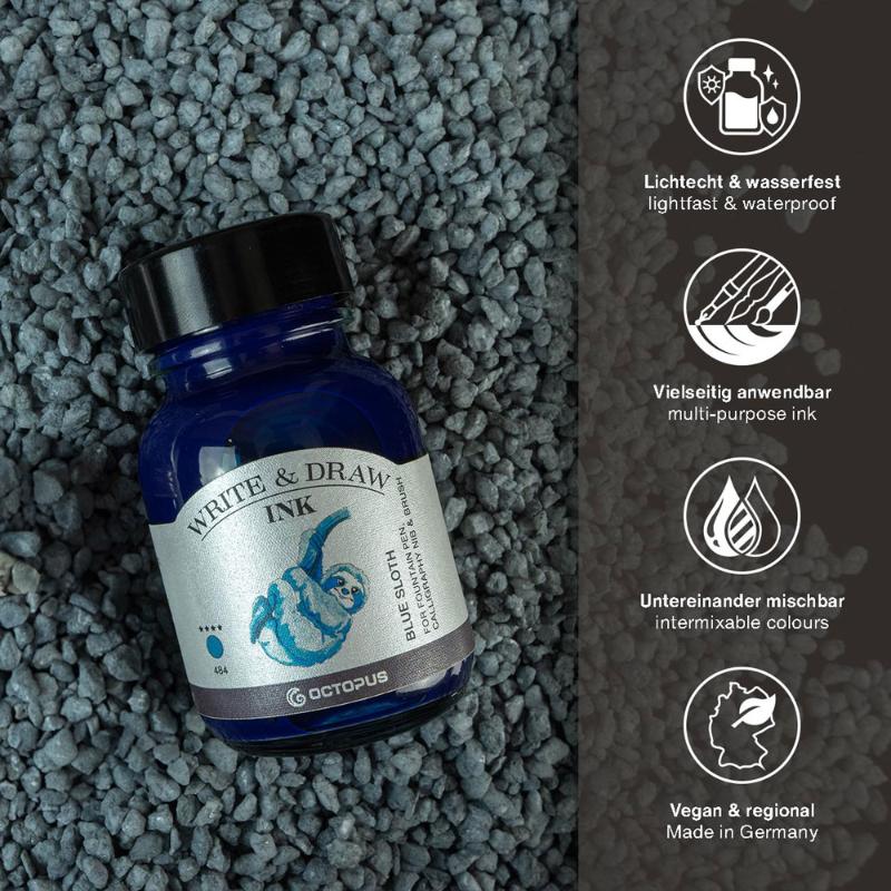50ml bottle of Octopus Fluids Write and Draw Ink in vibrant 484 Blue Sloth, ideal for artists and calligraphers, smudge-proof and vegan.
