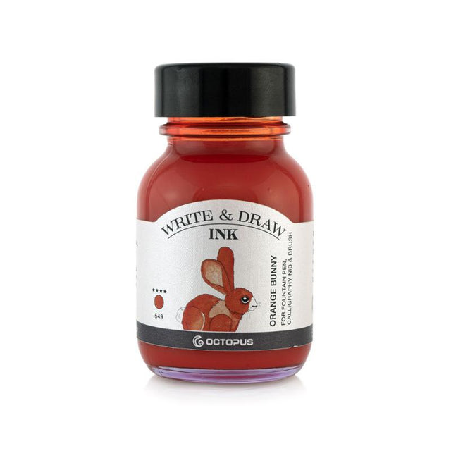 Vibrant 50ml Octopus Fluids Orange Bunny ink, smudge-proof and waterproof, ideal for fountain pens and fine art applications.