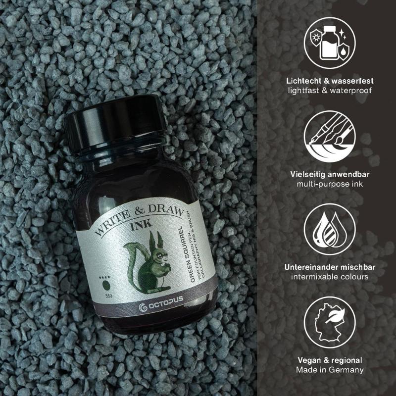 Vibrant 50ml Green Squirrel ink for writing and drawing, smudge-proof and eco-friendly, perfect for artists and calligraphers.
