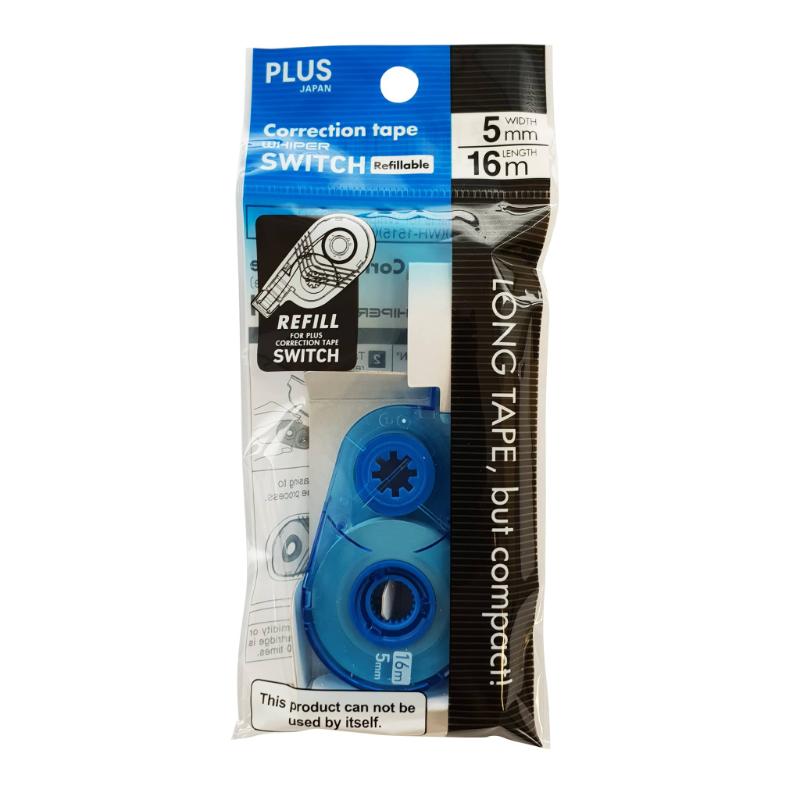 Plus Switch REFILL 5mm x 16m correction tape for precise, neat corrections; durable mini-roller for smooth application.
