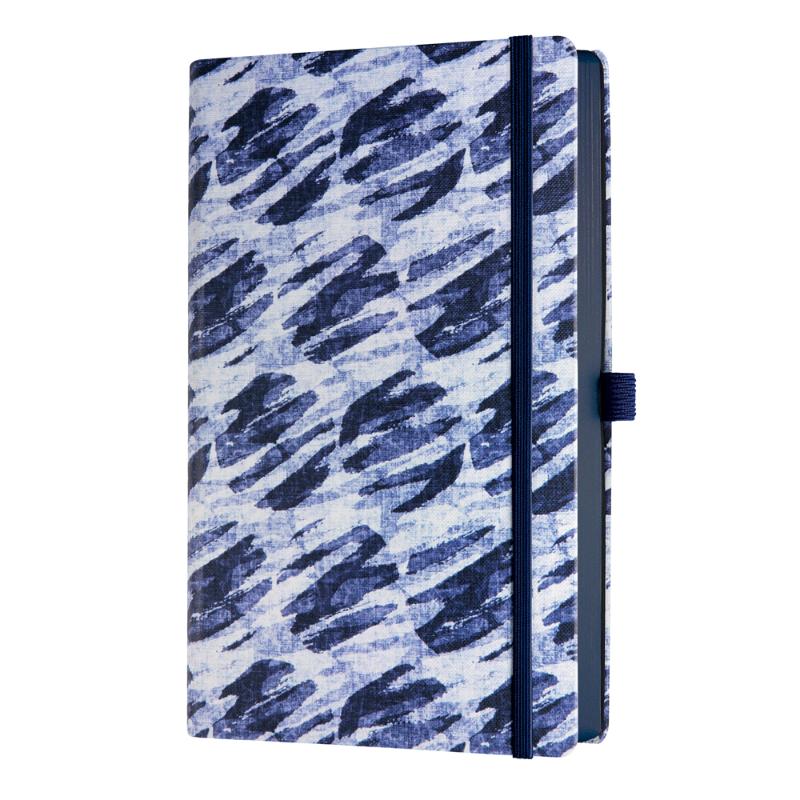 A5 ruled notebook with blue Shibori patterns, Italian craftsmanship, ribbon marker, and black closure band for secure storage.