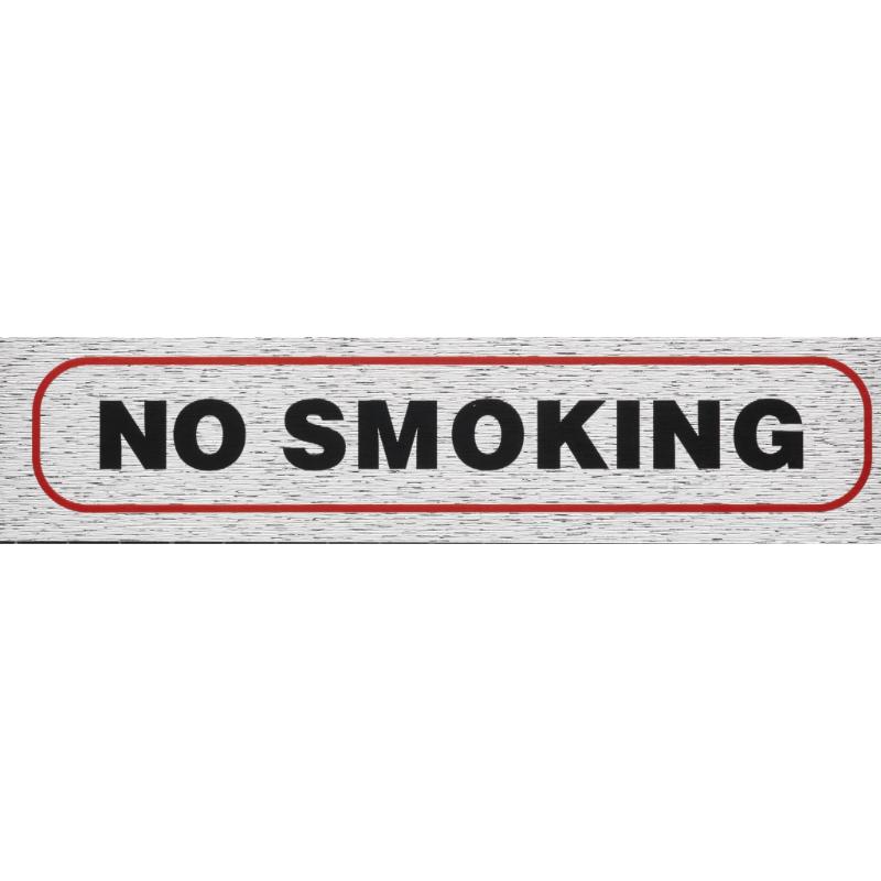 Self-adhesive brushed aluminum No Smoking sign, 170x40mm, for indoor/outdoor use, promoting a smoke-free environment.