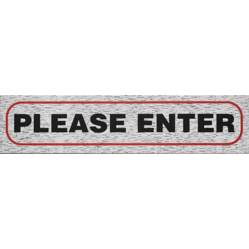 Self-adhesive brushed aluminum sign reading 'Please Enter', ideal for indoor/outdoor usage, dimensions 170x40mm.