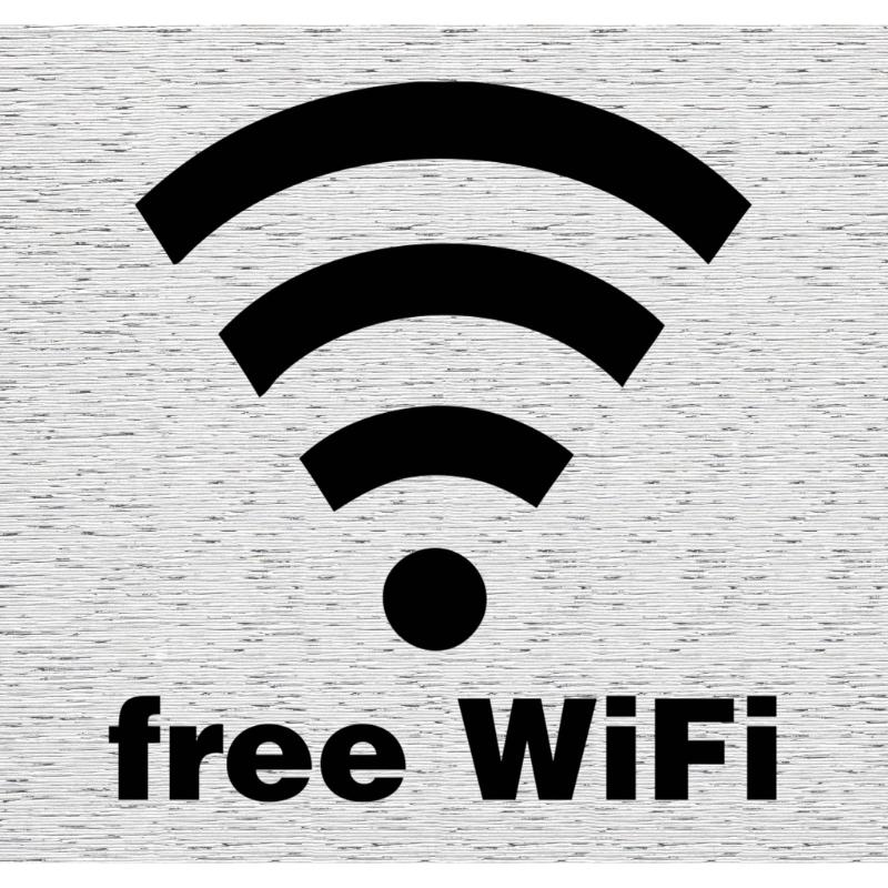 Self-adhesive brushed aluminum WiFi sign, 85x80mm, ideal for cafes and offices, providing easy guest access to free WiFi.