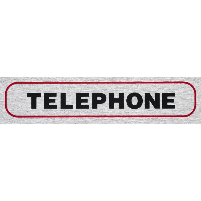 Self-adhesive brushed aluminum sign for easy identification of telephone locations, suitable for indoor and outdoor use.