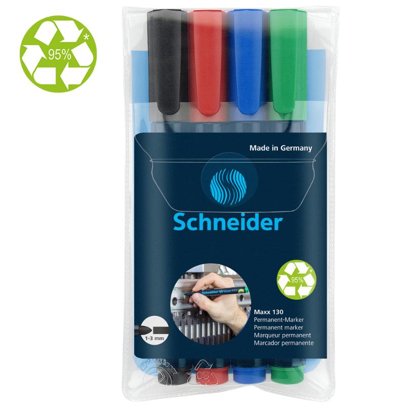 Schneider Maxx 130 permanent markers in black, red, blue, and green, featuring bullet tips and eco-friendly design.