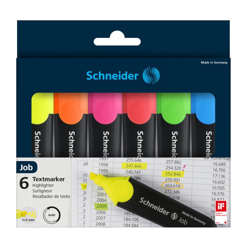 Set of 6 vibrant Schneider highlighters with chisel tips, ideal for notes, art, and organization, featuring anti-evaporation barrels.