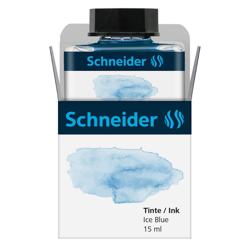 Schneider Ice Blue Pastel Ink 15ml in a glass bottle, ideal for bullet journaling and creative writing projects.