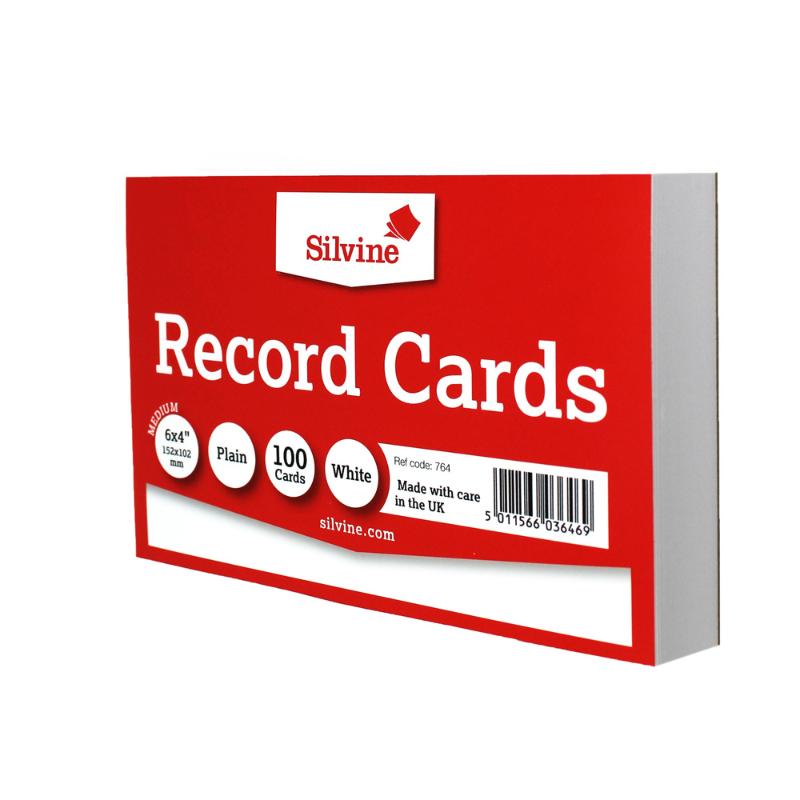 Plain white 6x4" record cards by Silvine, perfect for note-taking, studying, and organizing information with 100 durable cards.