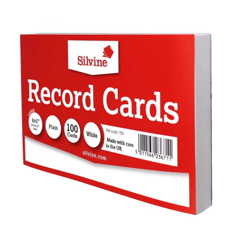 Silvine 8x5 plain record cards, 100 premium white cards for notes and organization, ideal for students and professionals.