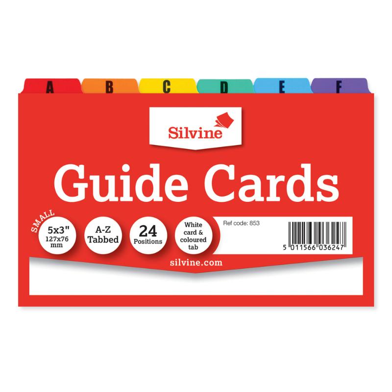 Silvine A-Z Guide Cards, 5x3 inches, with 24 white cards and vibrant coloured tabs for efficient organization.