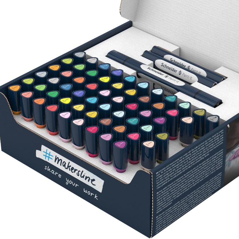 Schneider Twinmarker Paint-It 040 set with 72 pieces, featuring fine and brush tip cartridges in vibrant colors for eco-friendly creativity.