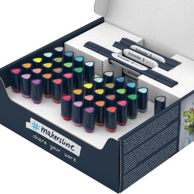 Set of 52 Schneider Twinmarker Paint-It 040 cartridges with brush and bullet tips, featuring vibrant, eco-friendly, water-based ink.
