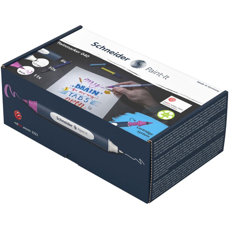 Schneider Twinmarker Paint-It 040 set with 27 assorted pieces, featuring refill cartridges and eco-friendly design for vibrant art.