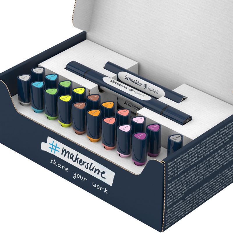 Schneider Twinmarker Paint-It 040 set with 27 pieces, featuring brush and bullet tips, perfect for vibrant art and lettering.