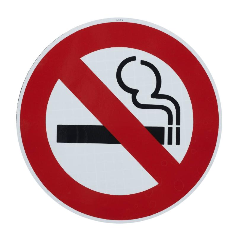Self-adhesive round no smoking sign (225mm) with clear symbol for promoting smoke-free environments in various spaces.