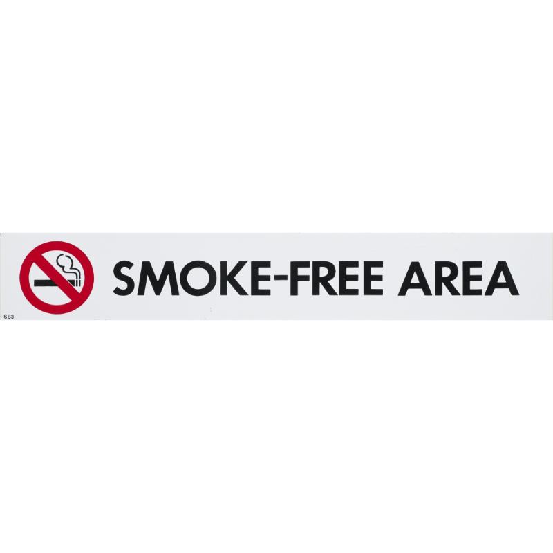 Self-adhesive smoke-free area sign, 55x330mm, promotes smoke-free policy with clear text for indoor or outdoor use.