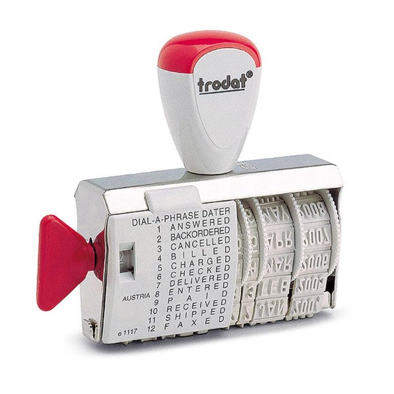 Trodat Classic Dater 1117/L Dial-A-Phrase with 4mm impressions for efficient paperwork management and ergonomic design.