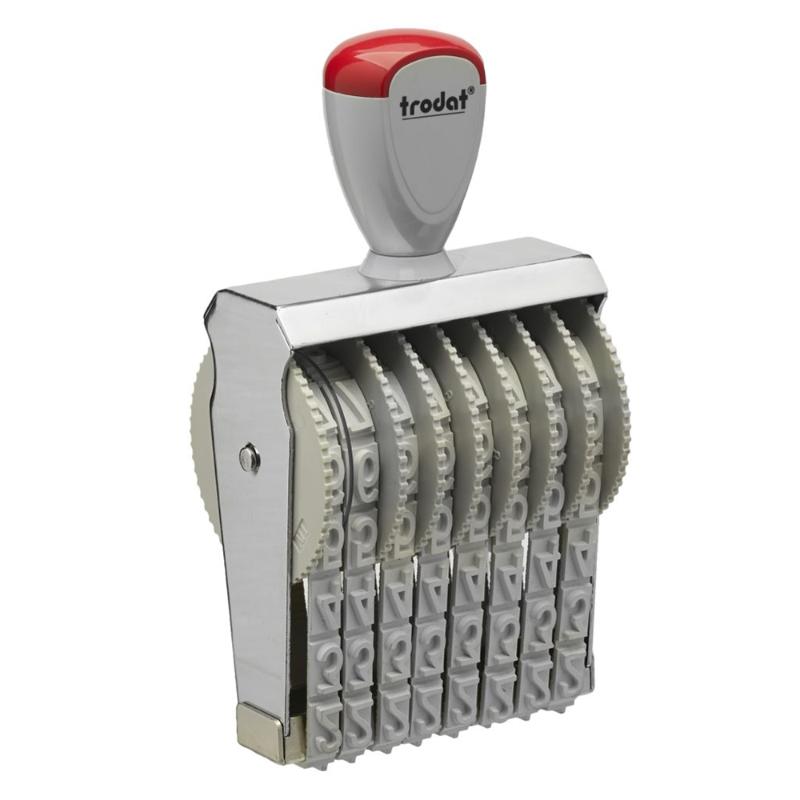 Trodat Classic Numberer 15128 with 12mm characters, 8 bands, ergonomic grips, and durable metal frame for precise stamping.