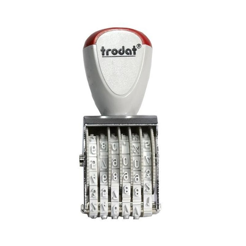 Trodat Classic Numberer 1536 stamp with 3mm characters, six customizable bands, and ergonomic grips for easy handling.