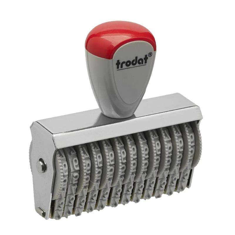 Trodat Classic Numberer 15412, a durable metal number stamp with 12 customizable bands and ergonomic grips for easy use.