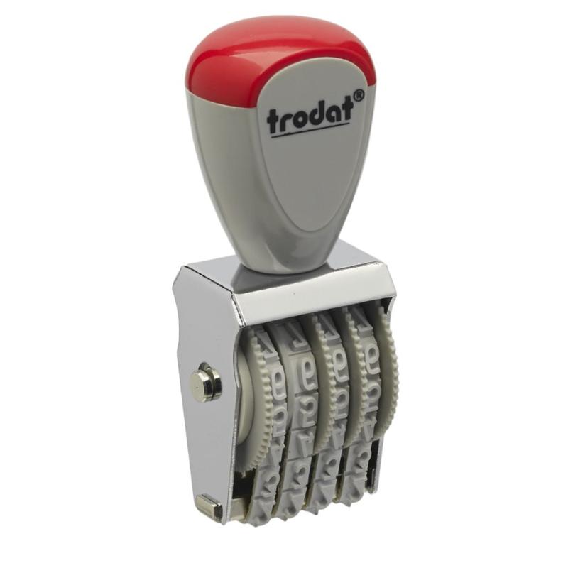 Trodat Classic Numberer 1544 with 4mm characters, ergonomic grips, customizable bands, and durable metal frame for easy handling.