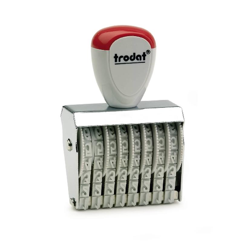 Trodat Classic Numberer 1558, ergonomic metal frame stamp with customizable bands for precise numbering and labeling tasks.