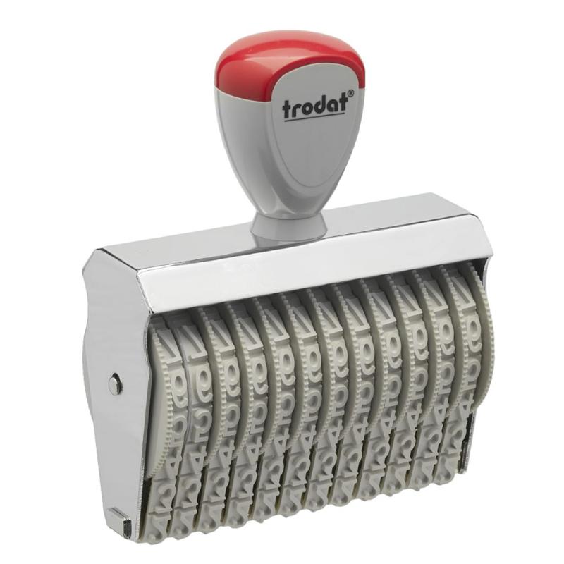 Trodat Classic Numberer 15912: a durable non-self-inking number stamp with 12 customizable bands and ergonomic grips for easy use.