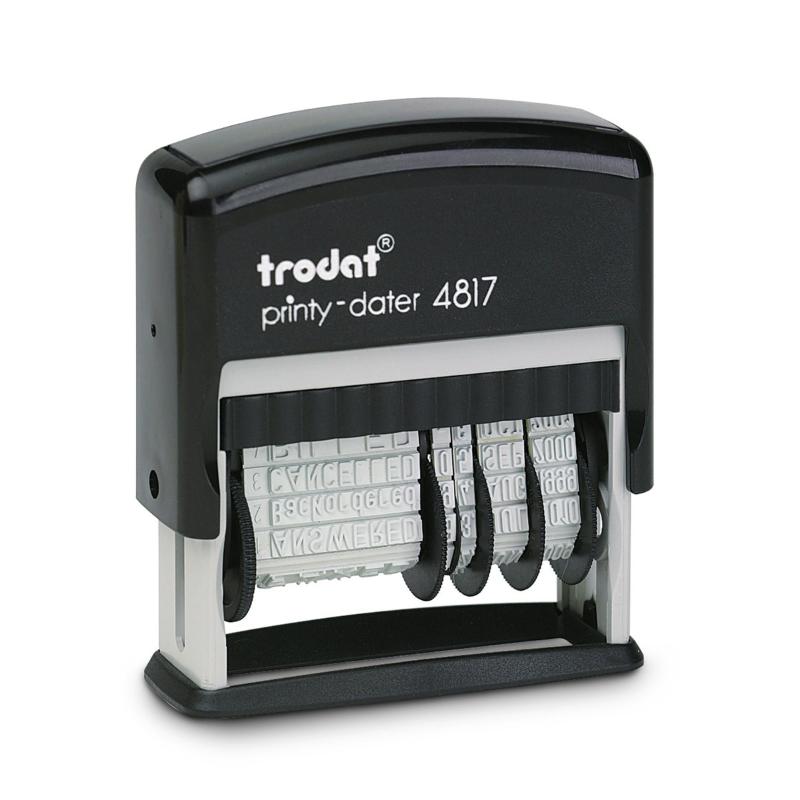Trodat Printy Dater 4817 with eco-friendly design, features phrases for organization and a 3.8mm date for clear impressions.