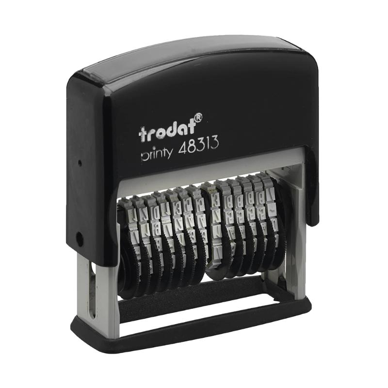Compact Trodat Printy Numberer 48313 stamp, featuring 13 adjustable bands and easy ink cartridge change for precise numbering.