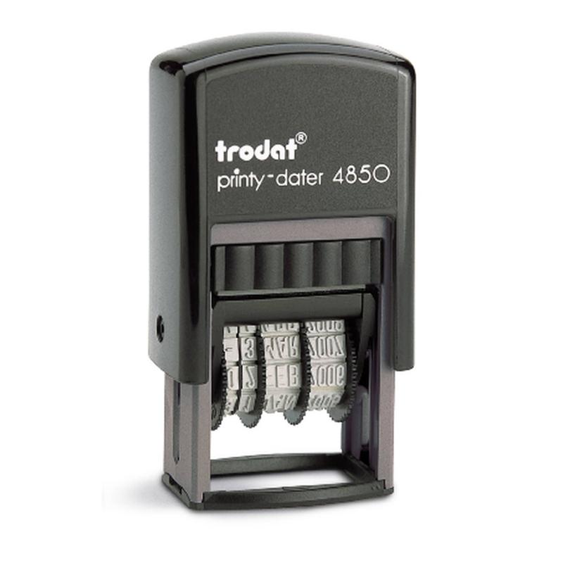 Trodat Printy Dater 4850/9 Faxed stamp for marking documents with 'FAXED' and date, made from 70% recycled plastic.